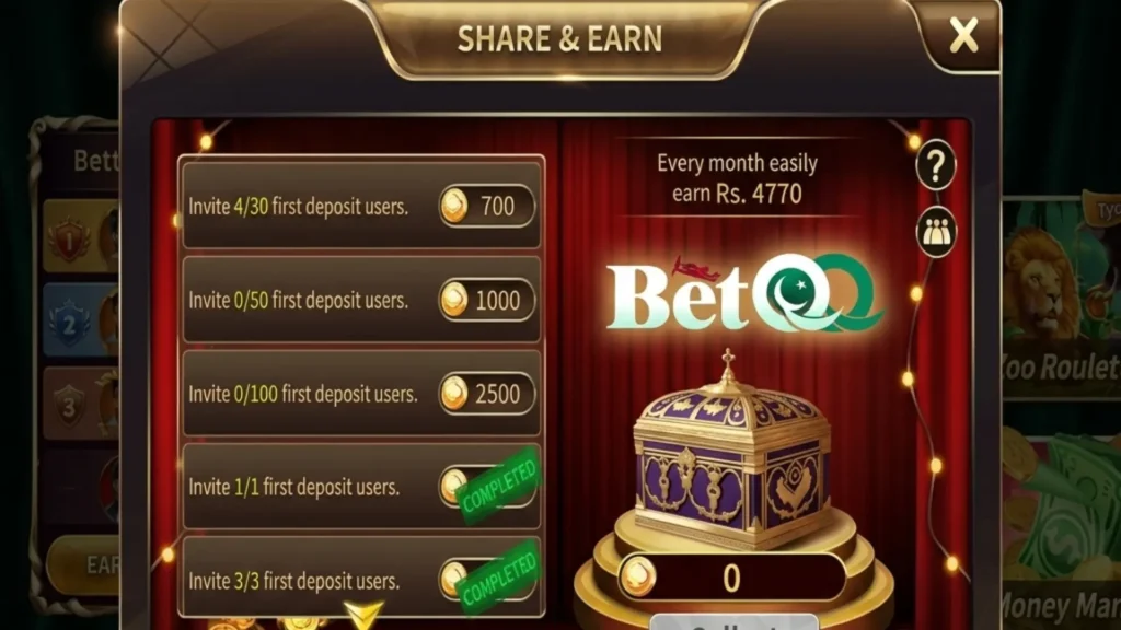 BETQQ Game app interface showing the Share and Earn menu with referral targets, reward amounts, a golden treasure box, and the official BetQQ logo on a red theater-style background.