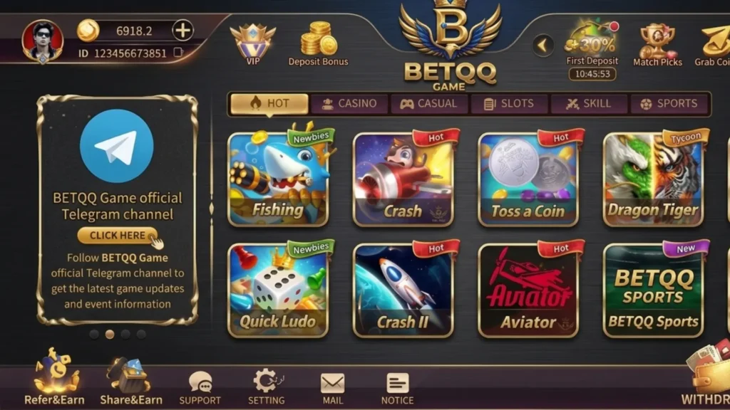 BETQQ Game main dashboard interface showing various popular games like Aviator, Crash, and Quick Ludo, with a prominent Telegram channel invitation and professional dark-themed gaming layout.