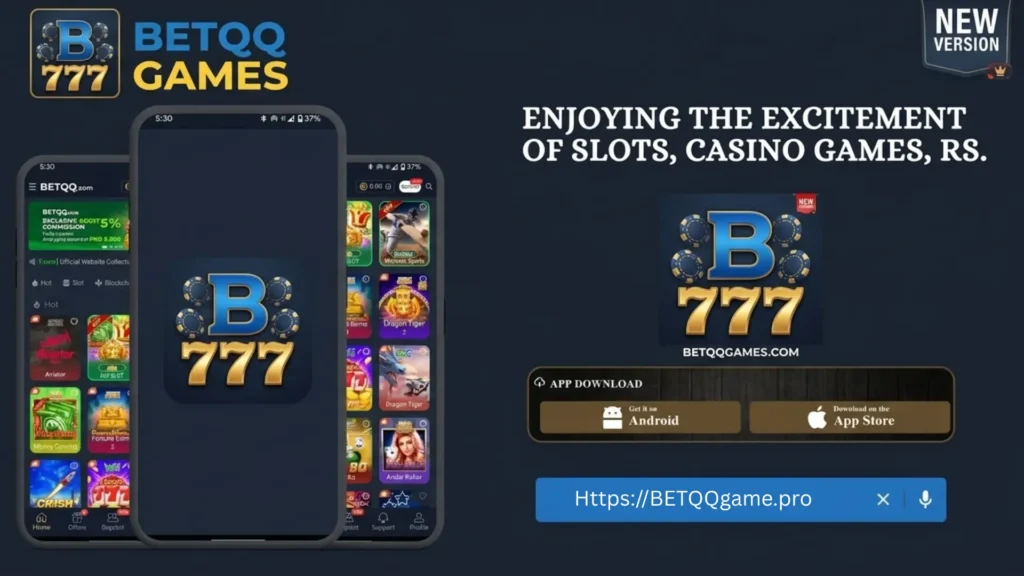 BETQQ Games app promotion showing the dark theme mobile app on two smartphones, a central "B 777" poker chip logo, app store download buttons, and a website URL against a dark background.